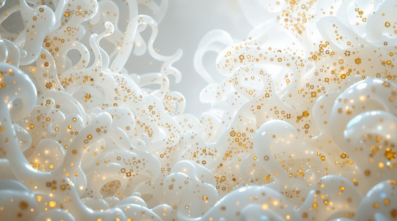 Tipped-in plate: a porcelain-white being of translucent tendrils dusted with gold geometric cells, in a luminous white void