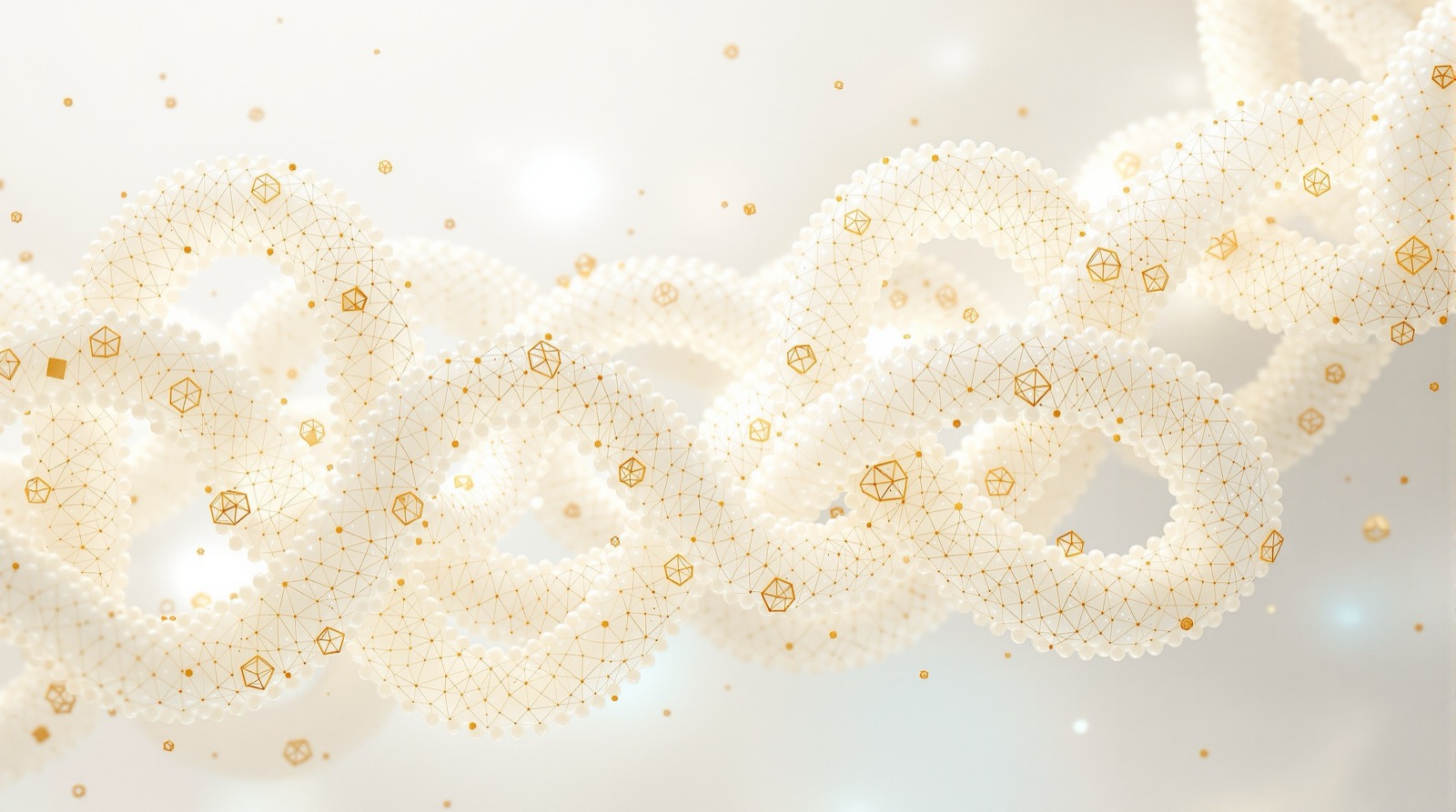 Tipped-in plate: interlocking loops strung from thousands of pearl-white cells, each holding a small gold geometric structure, in a luminous white void